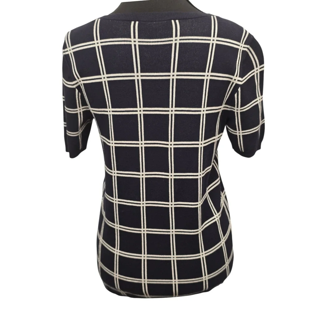 Ann‎ Taylor Petite Navy Grid Knit Top MP Preppy Officecore Classic Chic Stretch